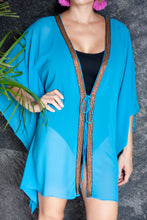 Load image into Gallery viewer, Malika sea blue chiffon hand sewn gold trimmed womens beachwear resort wear beach kaftan
