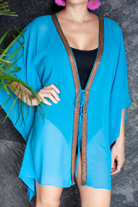 Malika sea blue chiffon hand sewn gold trimmed womens beachwear resort wear beach kaftan