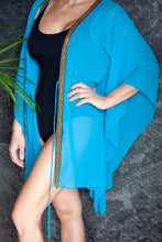 Load image into Gallery viewer, Malika sea blue chiffon hand sewn gold trimmed womens beachwear resort wear beach kaftan