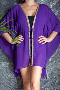 Malia womens beachwear resort wear beach kaftan cover up in royal purple with gold trim