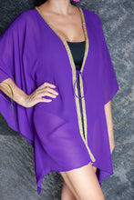 Load image into Gallery viewer, Malia womens beachwear resort wear beach kaftan cover up in royal purple with gold trim