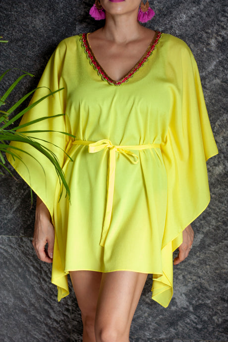 Saanvi yellow shiny satin belted drawstring womens beachwear resort wear beach kaftan cover up with gold fuchsia green trim on neckline