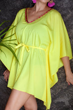 Load image into Gallery viewer, Saanvi yellow shiny satin belted drawstring womens beachwear resort wear beach kaftan cover up with gold fuchsia green trim on neckline