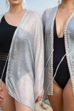 Load image into Gallery viewer, Glamorous leopar print grey chiffon kaftan with sparkling rhinestone trimmed neckline and sleeves, sustainable resort wear made in Bali for fashionable women in Dubai looking for beach kaftans &amp; resort wear online
