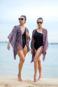 Leopard print silk chiffon women's beach kaftan in pink and black, made from silk chiffon, sustainable resort wear for women made in Bali for women in Dubai
