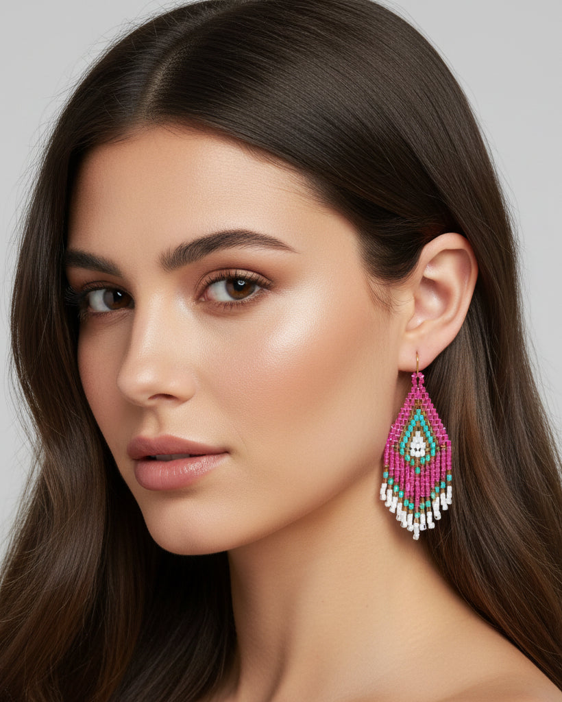 Sakari Pink & Turquoise 7cm Mini Size Handmade Bead Earring from Bali for women in Dubai