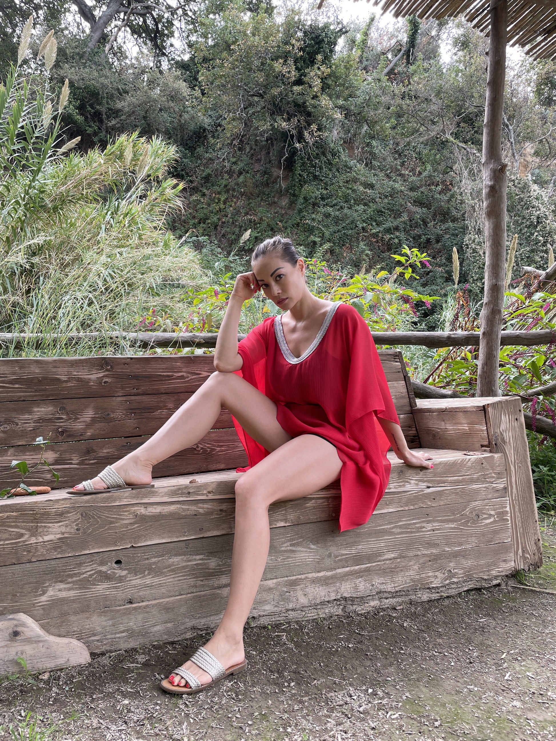 Sustainable Red Crepe Chiffon Maha Kaftan with Hand-Sewn Silver Trim
