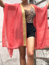 Load image into Gallery viewer, Luxury salmon pink beach kaftan with hand-embroidered gold saree detailing, perfect for resort wear in Dubai