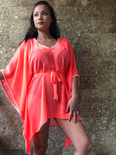 Load image into Gallery viewer, Neon orange kids beach dress with V-neck, breathable fabric, ethically made in Bali