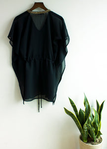 Toria black crepe chiffon gold chain trimmed v-neck drawstring kids beachwear resort wear beach kaftan