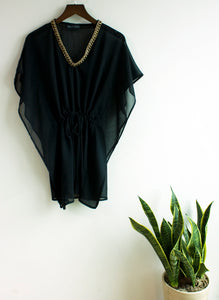 Toria black crepe chiffon gold chain trimmed v-neck drawstring kids beachwear resort wear beach kaftan
