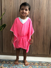 Load image into Gallery viewer, Lahela neon pink kaftan for girls, breathable chiffon with pearly beaded neckline, Bali-made, for sale in Dubai