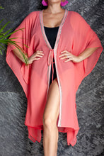 Load image into Gallery viewer, Candis womens beachwear beach kaftan in salmon chiffon  and sequin trim, sustainably made in Bali for women looking for unique best beach kaftans in Dubai