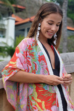 Load image into Gallery viewer, Emelia kaftan – the perfect blend of bold and breezy with its vibrant Pucci-inspired floral chiffon and flowy features, for women looking for best beach kaftans in Dubai
