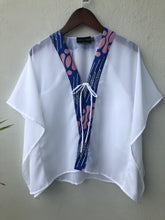 Load image into Gallery viewer, Lightweight chiffon kaftan for girls with artisanal pink and blue batik trim, ideal for beach holidays in the Dubai and rest of UAE.
