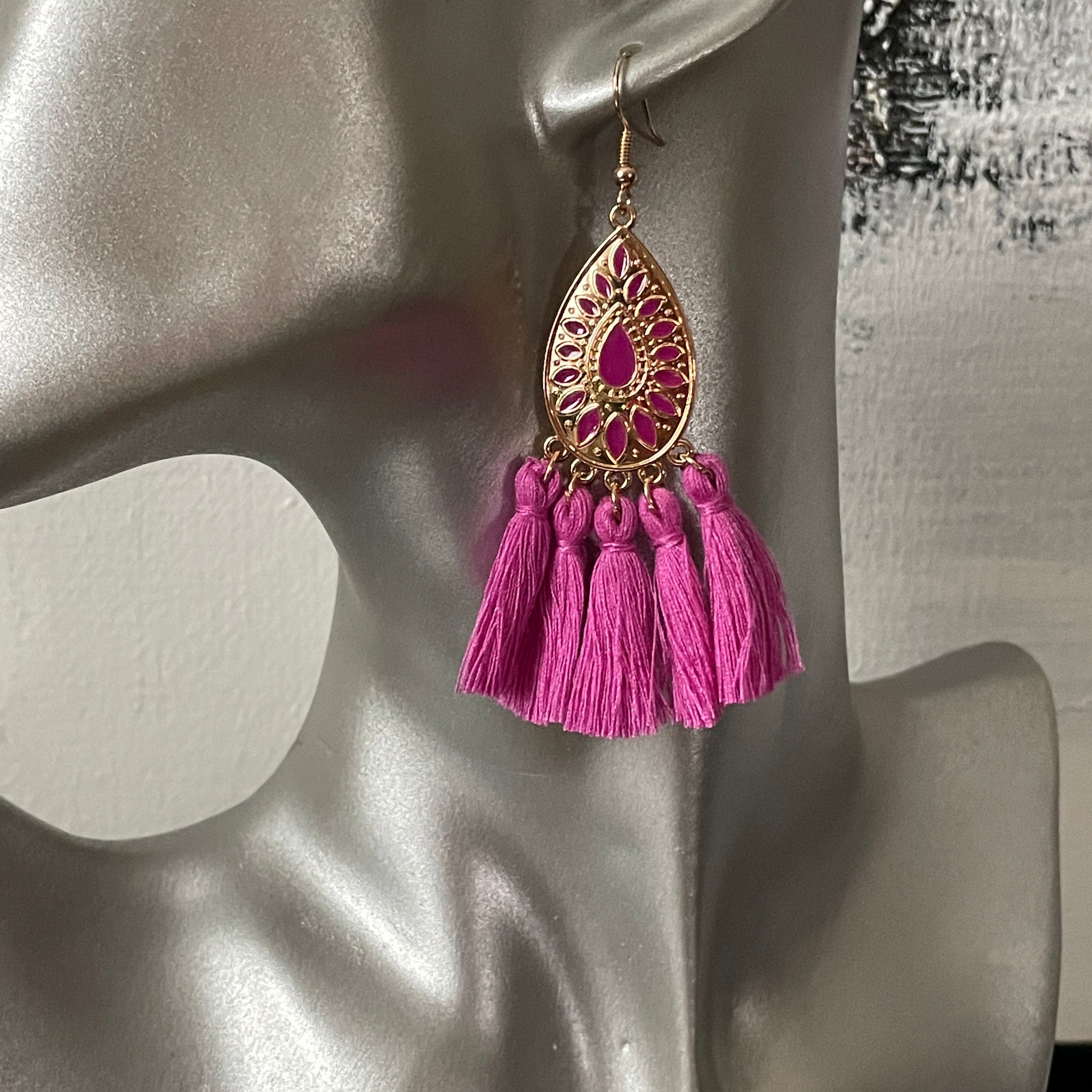 Purple and sales gold tassel earrings