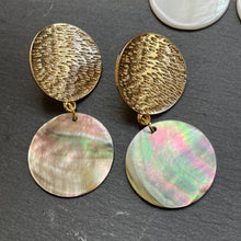 Load image into Gallery viewer, Aphaea mother of pearl earrings with textured gold pin in natural and pearl