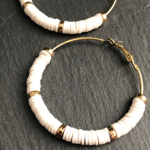 Load image into Gallery viewer, Zora handmade clay gold hoop earrings in white