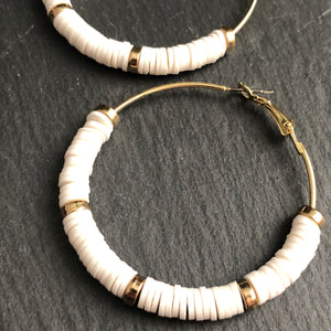 Zora handmade clay gold hoop earrings in white
