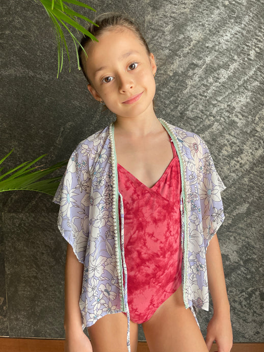 Aluna floral with green border pearl beaded trimmed girls kids beachwear beach kaftan periwinkle