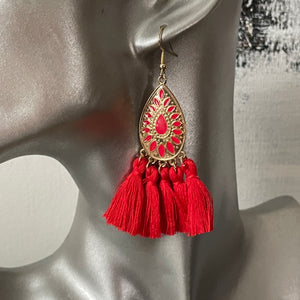 Allegra boho gold teardrop tassel earrings red
