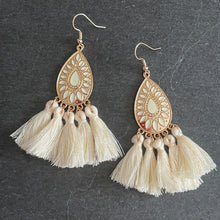 Load image into Gallery viewer, Allegra boho gold teardrop tassel earrings cream