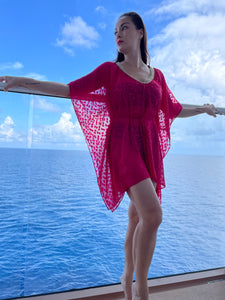 Women's beachwear Anka hot fuchsia drawstring glitter spotted beach kaftan with hand-sewn slinky gold trimmed neckline