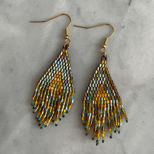 Sakari small handmade beaded boho chic ethnic inspired statement dangle earrings in gold and green