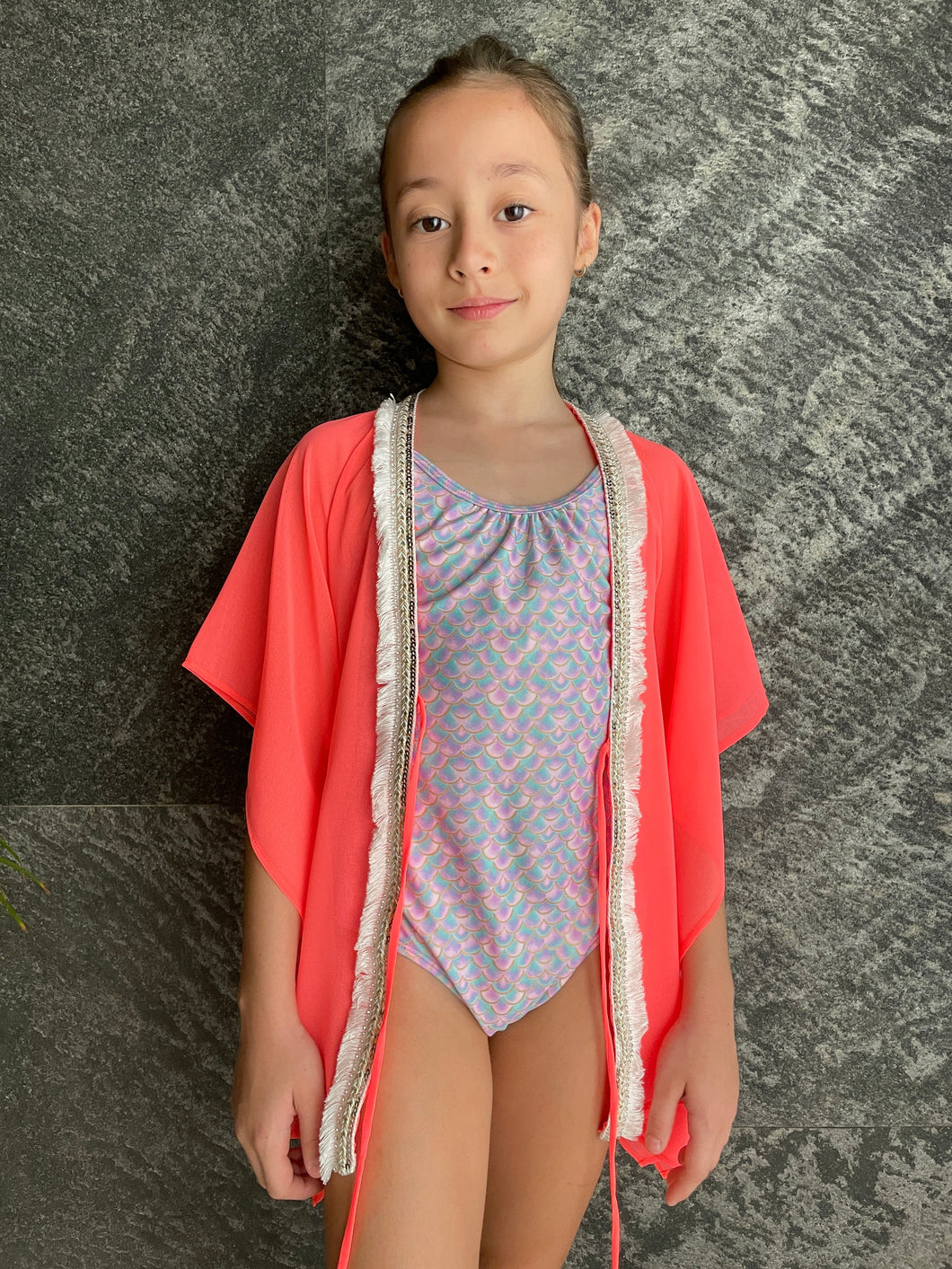 Nikani neon orange chiffon white sequin tassel trimmed kids glamorous beachwear resort wear beach kaftan in a mommy and me matching set