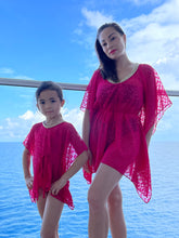 Load image into Gallery viewer, Mommy and me twinning beachwear Anka hot fuchsia drawstring glitter spotted beach kaftan with hand-sewn slinky gold trimmed neckline