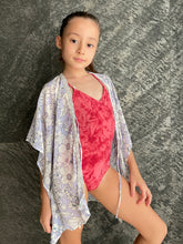 Load image into Gallery viewer, Luana periwinkle purple floral kaftan with crystal trim kids beachwear resort wear beach kaftan in a mommy and me matching set