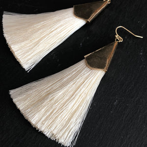Thalia silk tassel boho chic glamorous silk tassel earrings with gold accents in cream