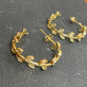 Dionysus Rhinestone Laurel Gold Hoop Earrings