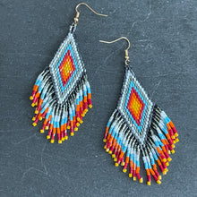Load image into Gallery viewer, Sakari midi handmade beaded boho chic ethnic inspired statement dangle earrings in multicolour