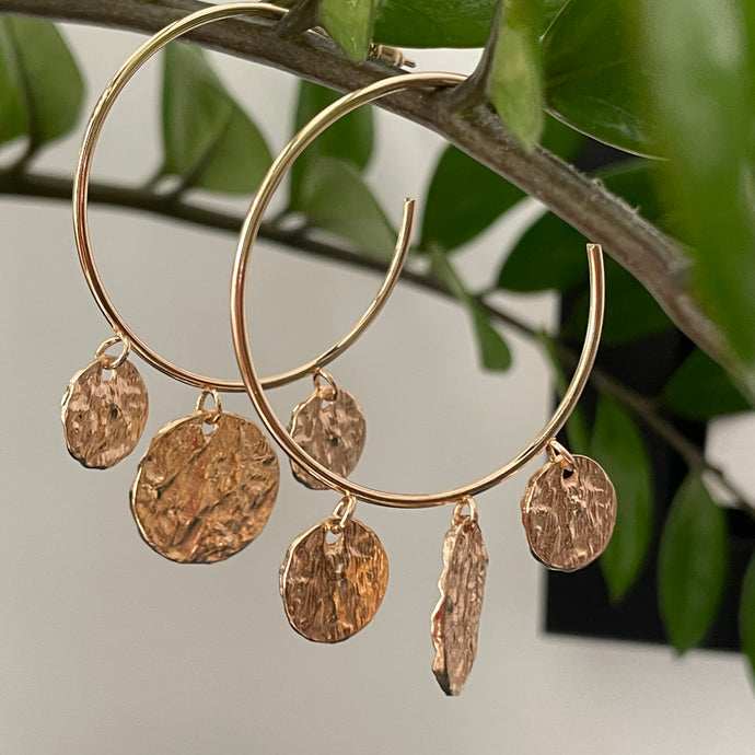 Keava texture gold coin large hoop dangle earrings