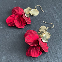 Load image into Gallery viewer, Scarlet shimmer red floral dangle earrings with gold accents