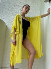 Load image into Gallery viewer, Maali yellow crepe chiffon beach kaftan with hand sewn sequin and rhinestone trim