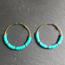 Load image into Gallery viewer, Zora handmade clay gold hoop earrings in sea green