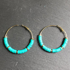 Zora handmade clay gold hoop earrings in sea green