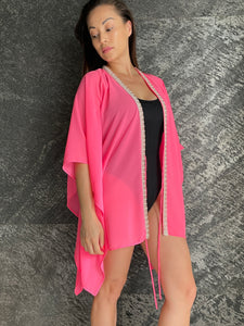 Ophelie neon pink chiffon beach kaftan with hand sewn pearly bead trim