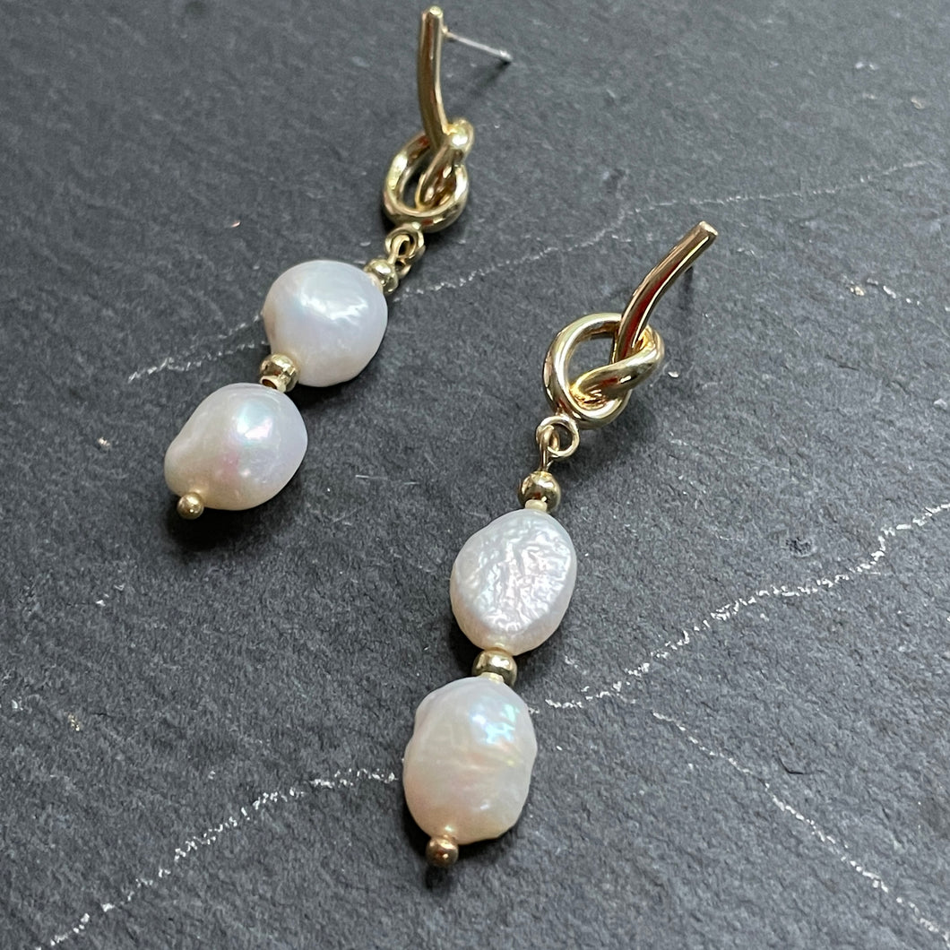 Phoebe natural pearls knotted gold dangle earrings