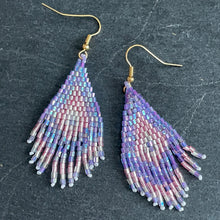 Load image into Gallery viewer, Sakari small handmade beaded boho chic ethnic inspired statement dangle earrings in purple