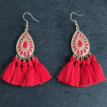 Load image into Gallery viewer, Allegra boho gold teardrop tassel earrings red