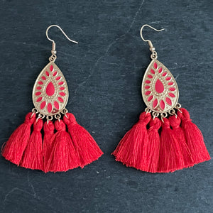 Allegra boho gold teardrop tassel earrings red
