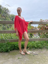 Load image into Gallery viewer, Maha red crepe chiffon metallic silver hand sewn trimmed womens beachwear resort wear beach kaftan top