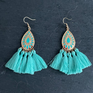 Allegra boho gold teardrop tassel earrings mint green
