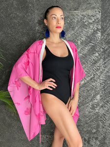 Lorelai abstract floral bright pink handsewn beaded trim womens beachwear resort wear beach kaftan