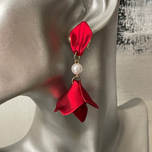 Rosetta red acrylic floral petal dangle earrings with faux pearl