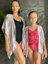 Load image into Gallery viewer, Luana blush floral kaftan with crystal trim kids beachwear resort wear beach kaftan in a mommy and me matching set