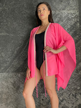 Load image into Gallery viewer, Ophelie neon pink chiffon beach kaftan with hand sewn pearly bead trim